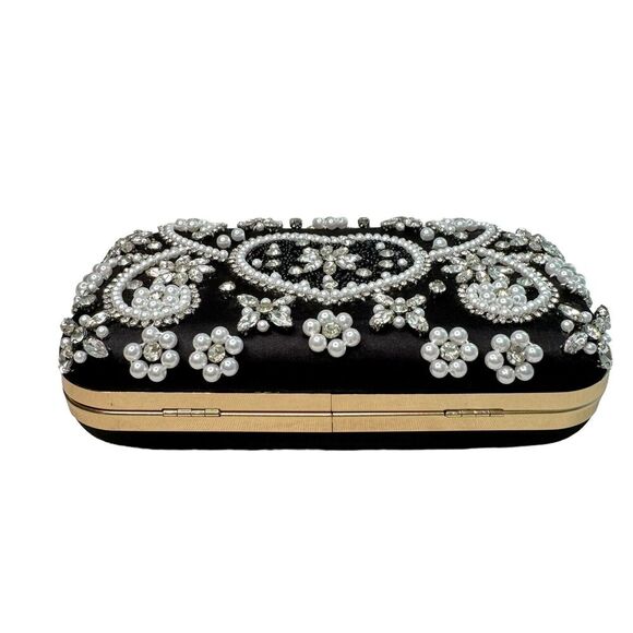 Black Satin Multi Rhinestone and Pearl Accent Clutch Purse Evening Bag - Picture 5 of 9